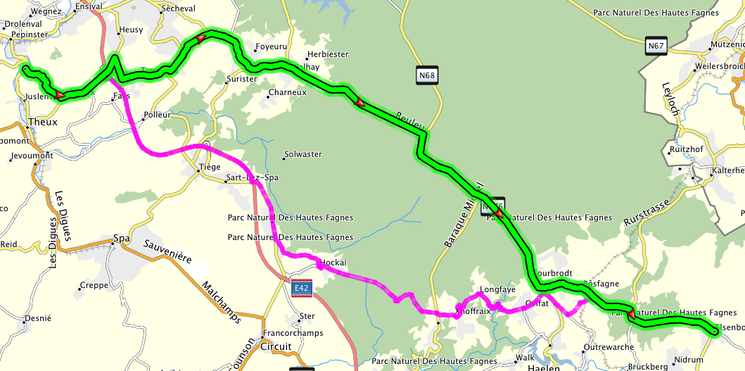 Recalculated route (green) does not match the original (pink)